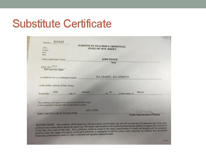 Substitute Certificate 