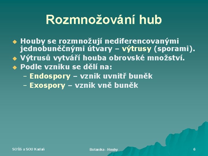 Rozmnožování hub u u u Houby se rozmnožují nediferencovanými jednobuněčnými útvary – výtrusy (sporami).