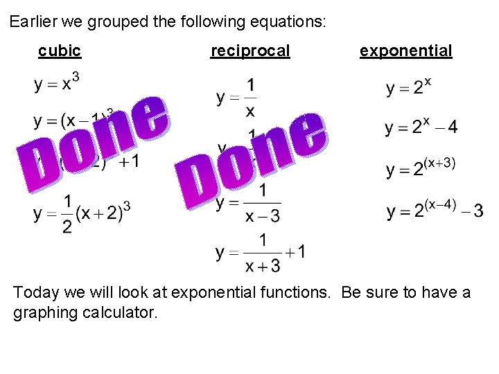 Earlier we grouped the following equations: cubic reciprocal exponential Today we will look at