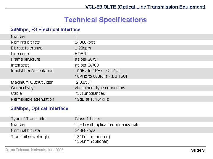 VCL-E 3 OLTE (Optical Line Transmission Equipment) Technical Specifications 34 Mbps, E 3 Electrical