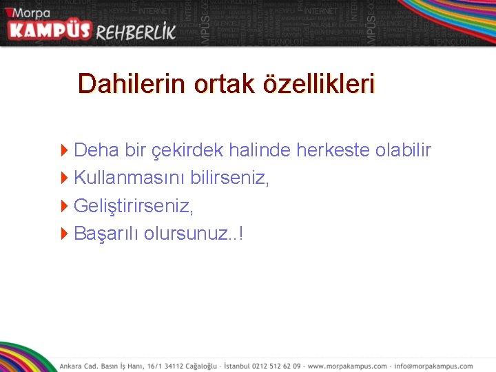 Dahilerin ortak özellikleri 4 Deha bir çekirdek halinde herkeste olabilir 4 Kullanmasını bilirseniz, 4