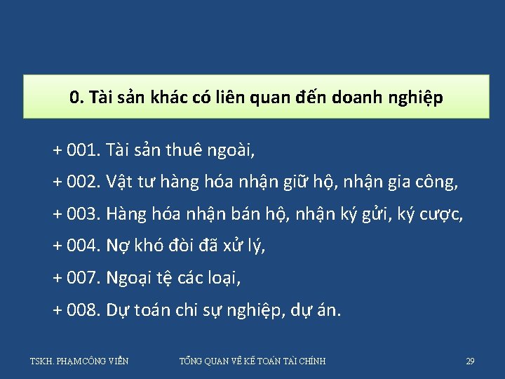 0. Tài sản khác có liên quan đến doanh nghiệp + 001. Tài sản