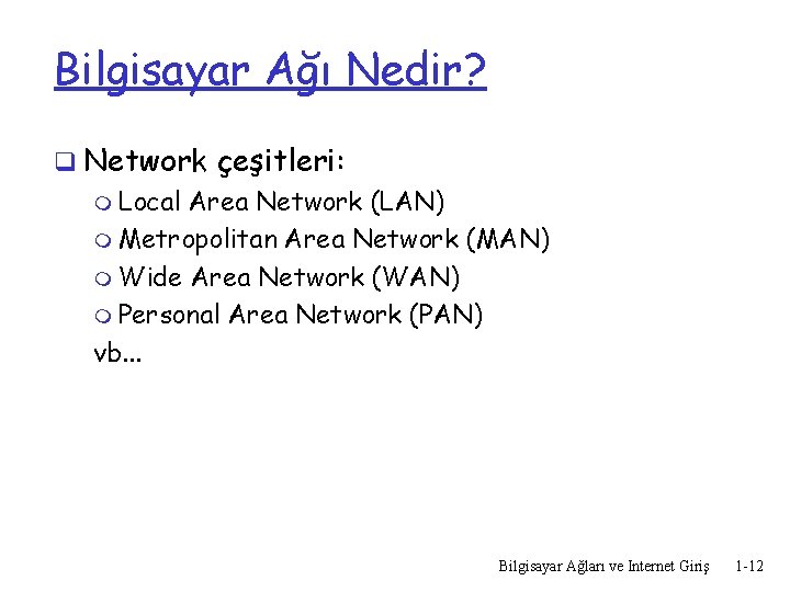 Bilgisayar Ağı Nedir? q Network çeşitleri: m Local Area Network (LAN) m Metropolitan Area