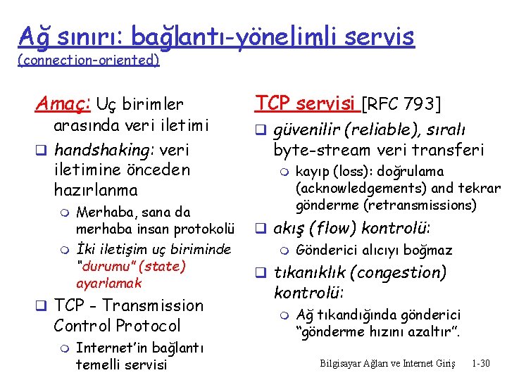 Ağ sınırı: bağlantı-yönelimli servis (connection-oriented) Amaç: Uç birimler arasında veri iletimi q handshaking: veri