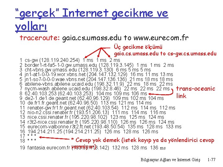 “gerçek” Internet gecikme ve yolları traceroute: gaia. cs. umass. edu to www. eurecom. fr