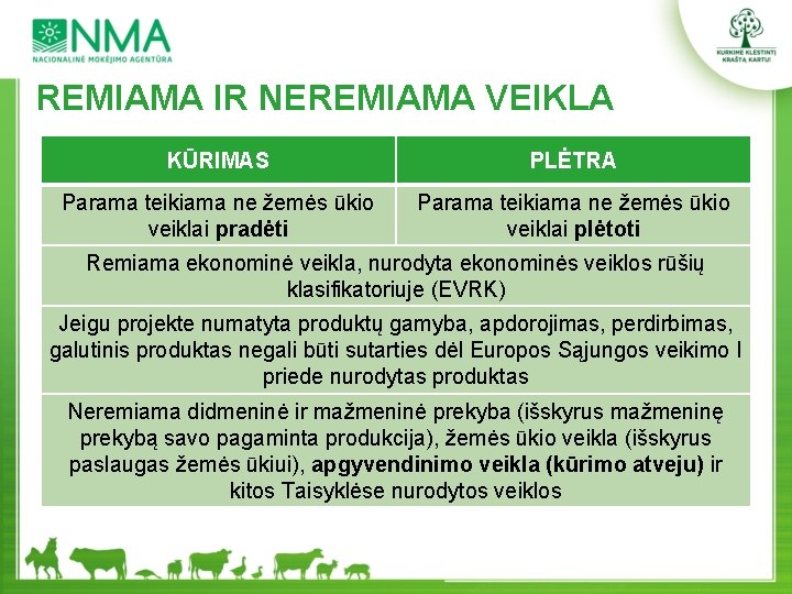 REMIAMA IR NEREMIAMA VEIKLA KŪRIMAS PLĖTRA Parama teikiama ne žemės ūkio veiklai pradėti Parama