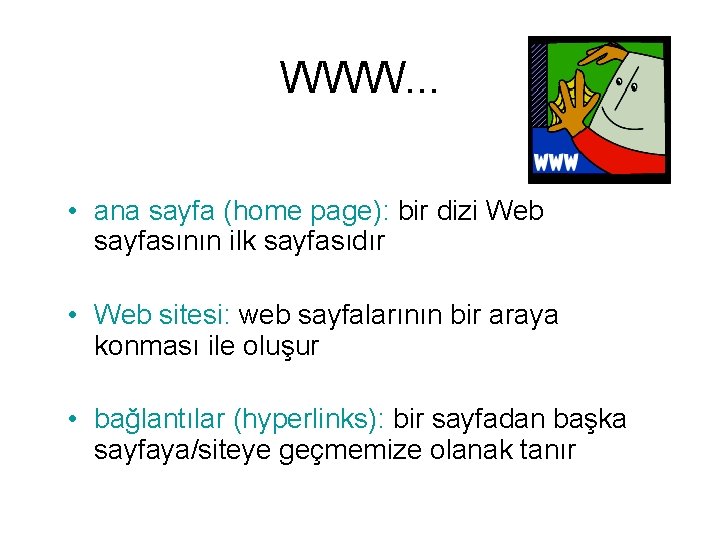 WWW. . . • ana sayfa (home page): bir dizi Web sayfasının ilk sayfasıdır