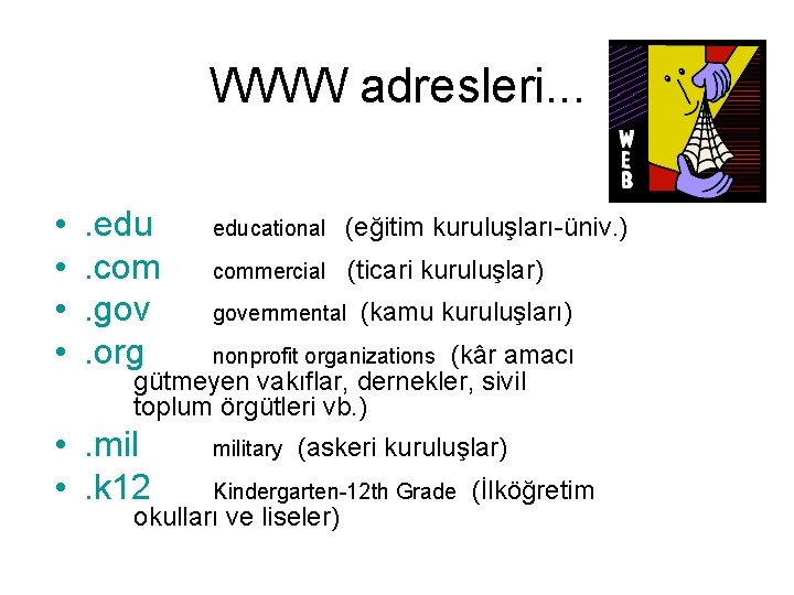 WWW adresleri. . . • • . edu. com. gov. org educational (eğitim kuruluşları-üniv.