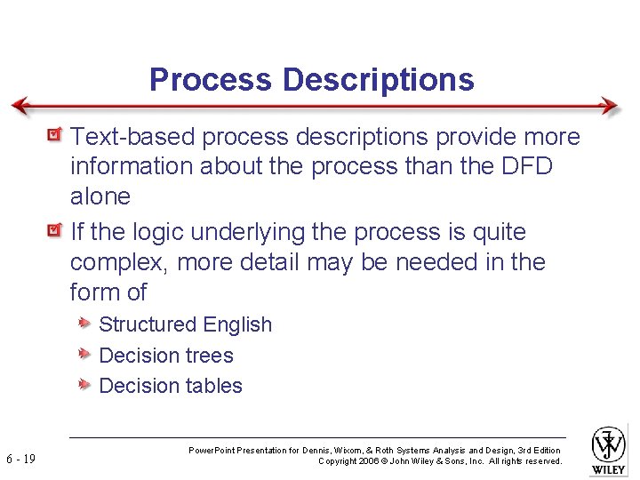 Process Descriptions Text-based process descriptions provide more information about the process than the DFD