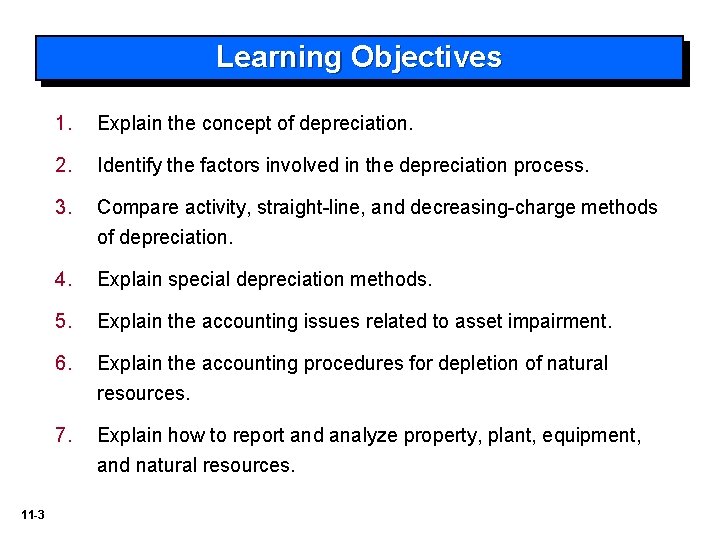 Learning Objectives 1. Explain the concept of depreciation. 2. Identify the factors involved in