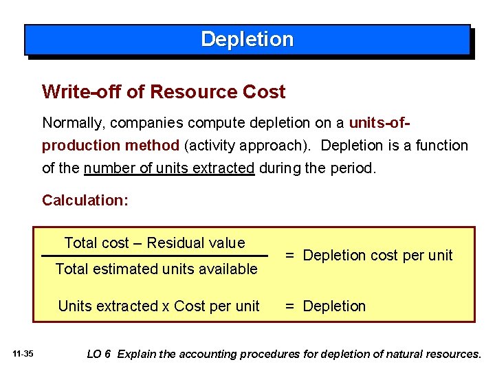 Depletion Write-off of Resource Cost Normally, companies compute depletion on a units-ofproduction method (activity