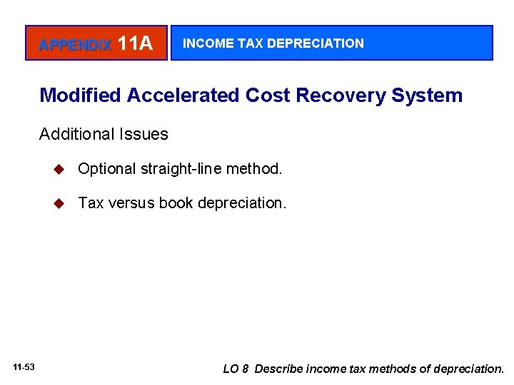 APPENDIX 11 A INCOME TAX DEPRECIATION Modified Accelerated Cost Recovery System Additional Issues 11
