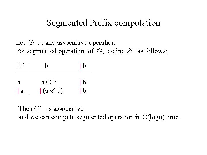 Segmented Prefix computation Let be any associative operation. For segmented operation of , define