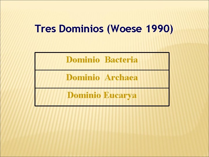 Tres Dominios (Woese 1990) Dominio Bacteria Dominio Archaea Dominio Eucarya 