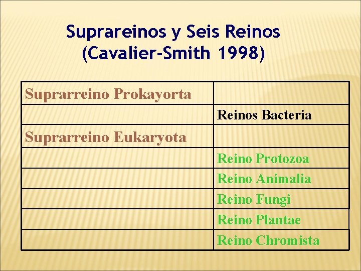 Suprareinos y Seis Reinos (Cavalier-Smith 1998) Suprarreino Prokayorta Reinos Bacteria Suprarreino Eukaryota Reino Protozoa