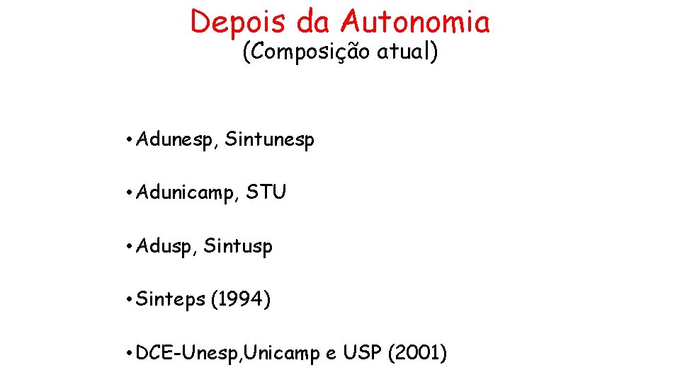 Depois da Autonomia (Composição atual) • Adunesp, Sintunesp • Adunicamp, STU • Adusp, Sintusp