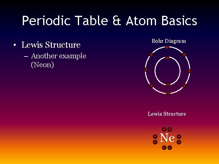 Periodic Table & Atom Basics • Lewis Structure Bohr Diagram – Another example (Neon)