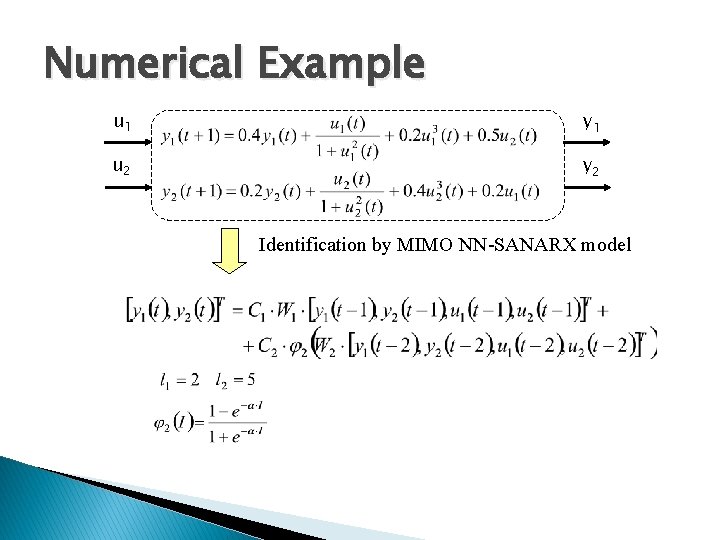 Numerical Example u 1 y 1 u 2 y 2 Identification by MIMO NN-SANARX