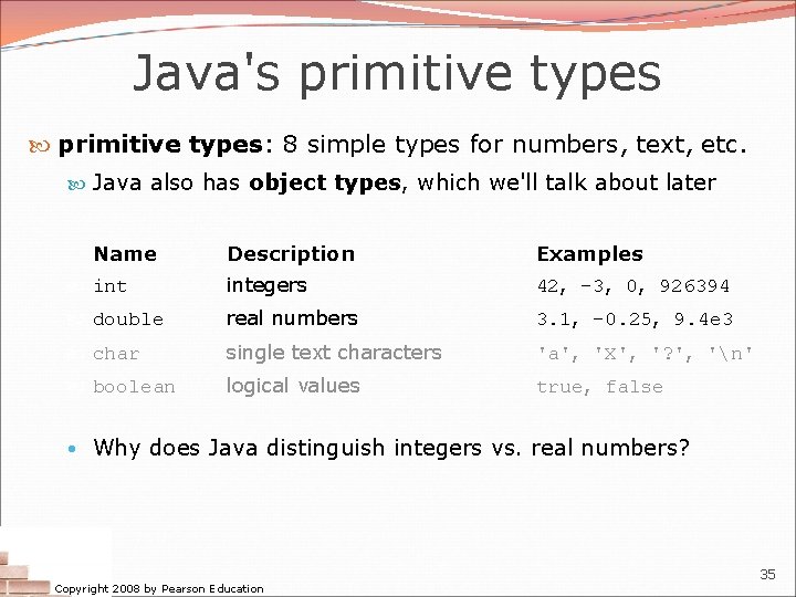 Java's primitive types: 8 simple types for numbers, text, etc. Java also has object