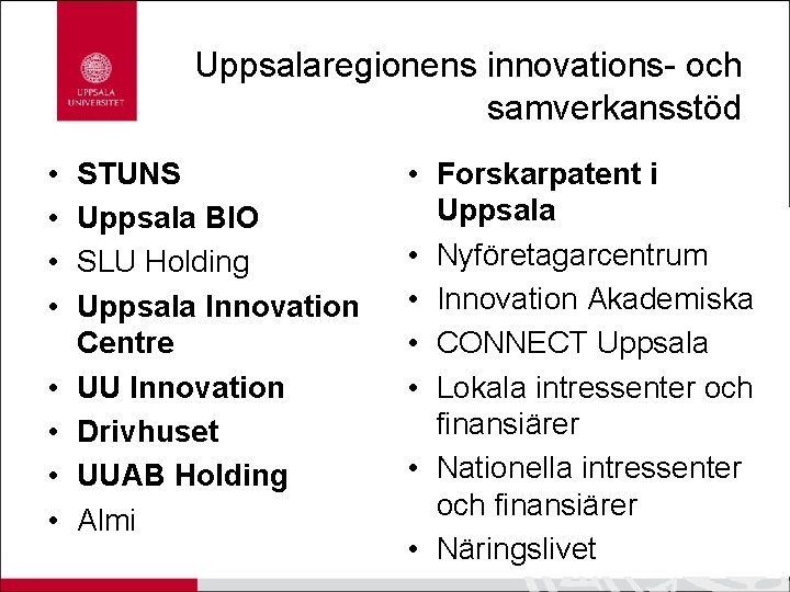 Uppsalaregionens innovations- och samverkansstöd • • STUNS Uppsala BIO SLU Holding Uppsala Innovation Centre