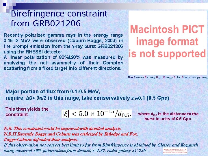 Birefringence constraint from GRB 021206 Recently polarized gamma rays in the energy range 0.