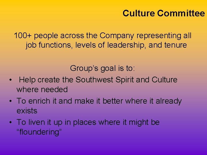 Culture Committee 100+ people across the Company representing all job functions, levels of leadership,