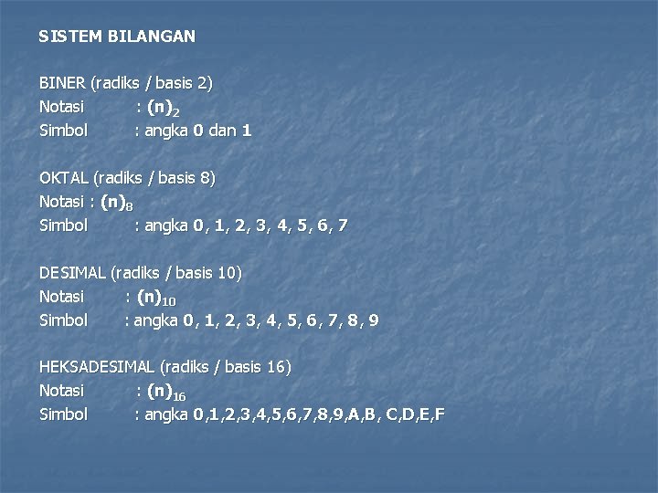 SISTEM BILANGAN BINER (radiks / basis 2) Notasi : (n)2 Simbol : angka 0