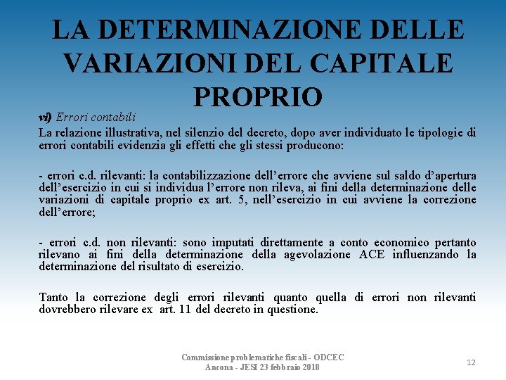 LA DETERMINAZIONE DELLE VARIAZIONI DEL CAPITALE PROPRIO vi) Errori contabili La relazione illustrativa, nel