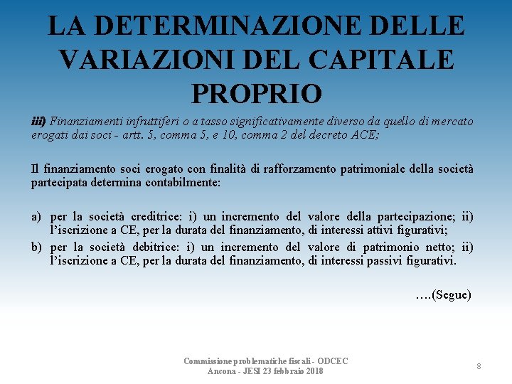 LA DETERMINAZIONE DELLE VARIAZIONI DEL CAPITALE PROPRIO iii) Finanziamenti infruttiferi o a tasso significativamente