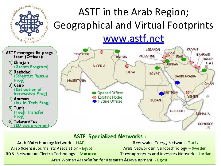ASTF in the Arab Region; Geographical and Virtual Footprints www. astf. net ASTF manages