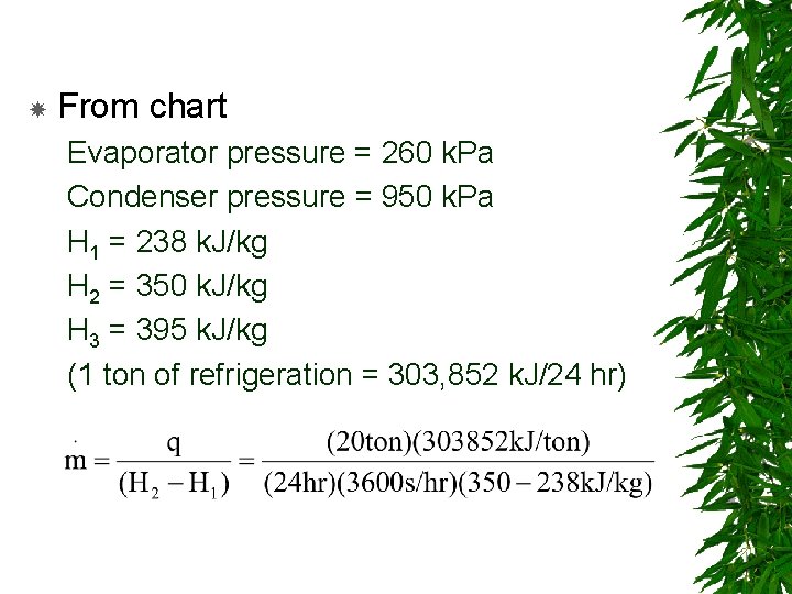  From chart Evaporator pressure = 260 k. Pa Condenser pressure = 950 k.