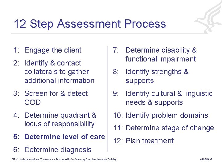 12 Step Assessment Process 1: Engage the client 2: Identify & contact collaterals to