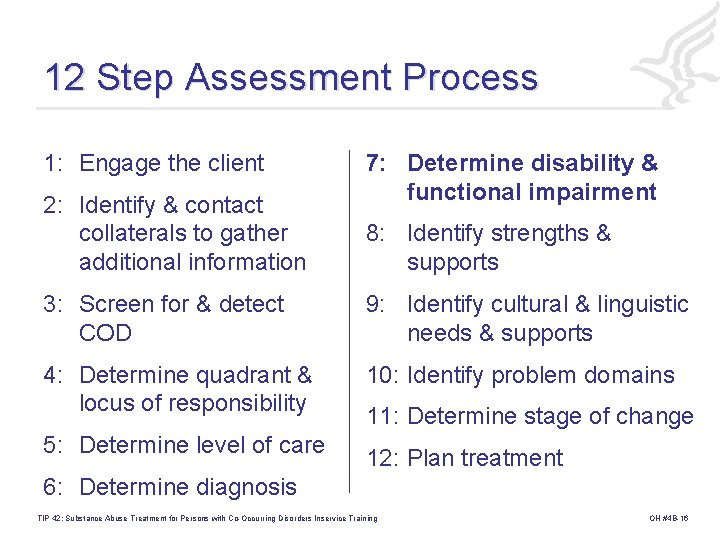 12 Step Assessment Process 1: Engage the client 2: Identify & contact collaterals to