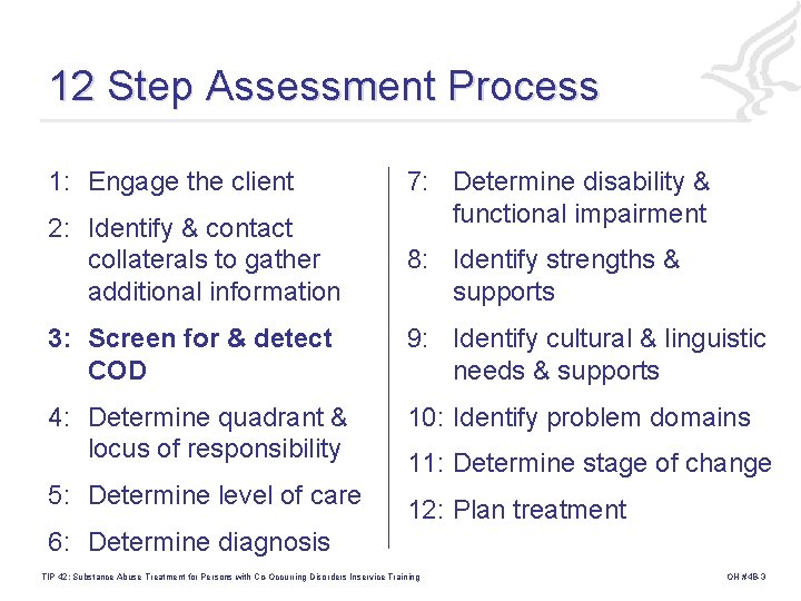 12 Step Assessment Process 1: Engage the client 2: Identify & contact collaterals to