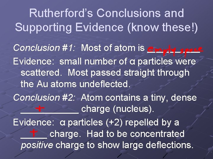 Rutherford’s Conclusions and Supporting Evidence (know these!) Conclusion #1: Most of atom is _____