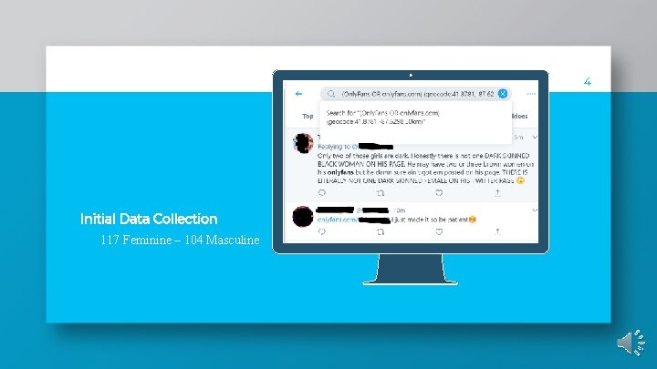 4 Place your screenshot here Initial Data Collection » 117 Feminine – 104 Masculine