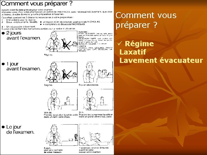 Comment vous préparer ? ü Régime Laxatif Lavement évacuateur 
