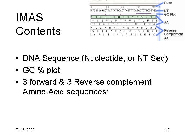 IMAS Contents • DNA Sequence (Nucleotide, or NT Seq) • GC % plot •