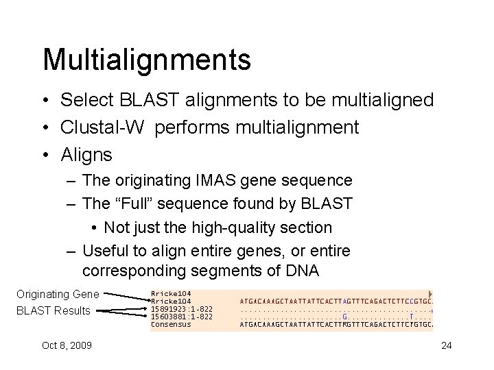 Multialignments • Select BLAST alignments to be multialigned • Clustal-W performs multialignment • Aligns