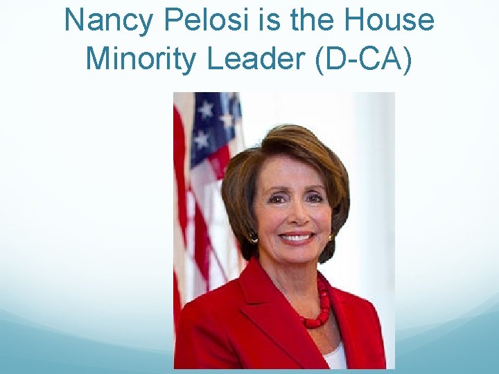 Nancy Pelosi is the House Minority Leader (D-CA) 