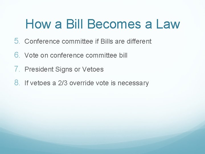 How a Bill Becomes a Law 5. Conference committee if Bills are different 6.