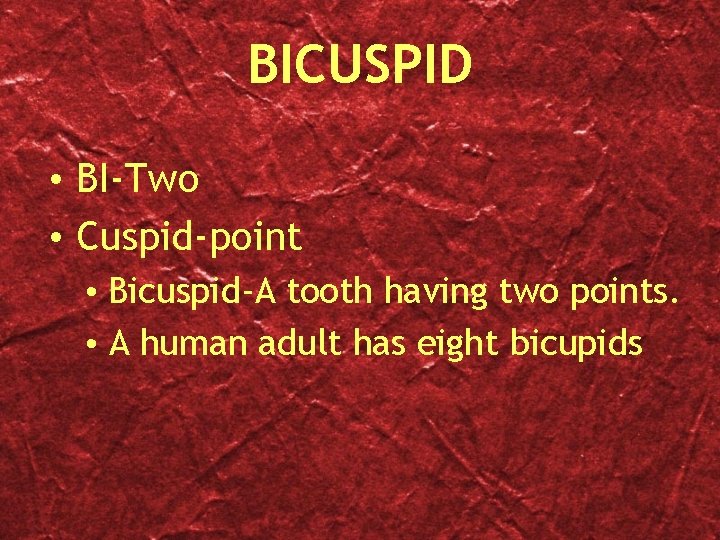 BICUSPID • BI-Two • Cuspid-point • Bicuspid-A tooth having two points. • A human