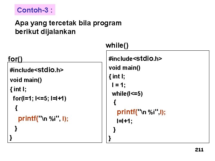 Contoh-3 : Apa yang tercetak bila program berikut dijalankan while() for() #include<stdio. h> void