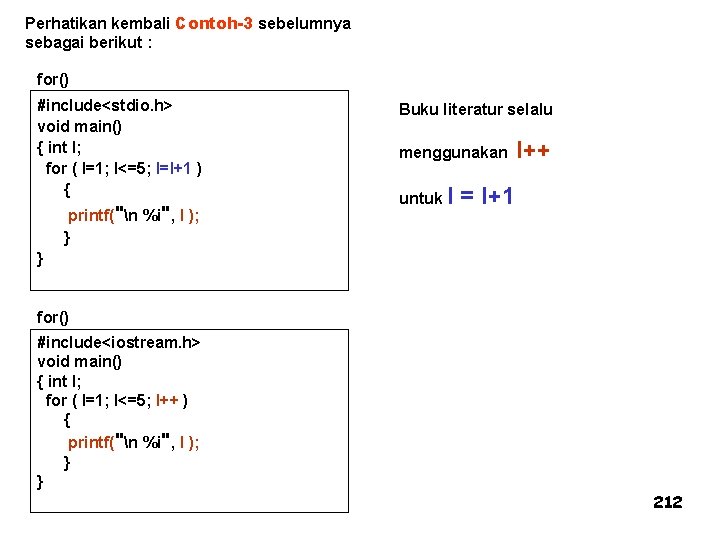 Perhatikan kembali Contoh-3 sebelumnya sebagai berikut : for() #include<stdio. h> void main() { int