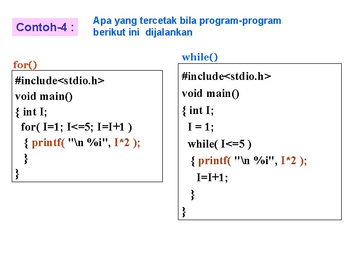 Contoh-4 : Apa yang tercetak bila program-program berikut ini dijalankan for() #include<stdio. h> void