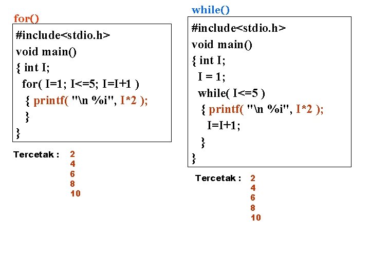 while() for() #include<stdio. h> void main() { int I; for( I=1; I<=5; I=I+1 )