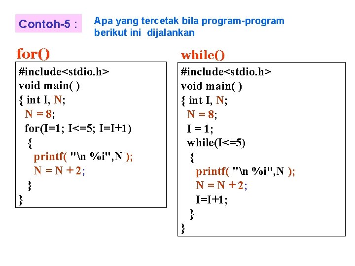 Contoh-5 : Apa yang tercetak bila program-program berikut ini dijalankan for() #include<stdio. h> void