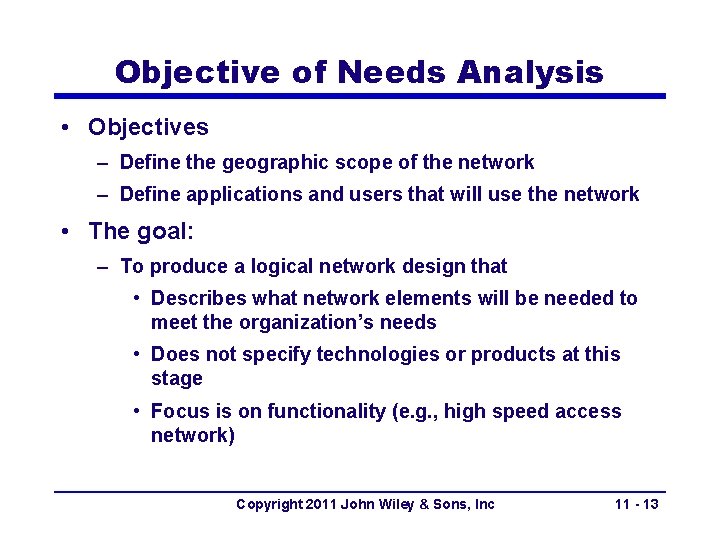 Objective of Needs Analysis • Objectives – Define the geographic scope of the network