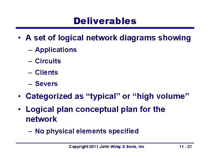 Deliverables • A set of logical network diagrams showing – Applications – Circuits –