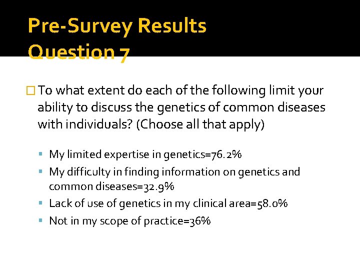 Pre-Survey Results Question 7 � To what extent do each of the following limit